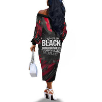 Steve Biko Off The Shoulder Long Sleeve Dress with Black Consciousness Portrait, Power Fist Symbol and Red-Black Freedom - Wonder Print Shop