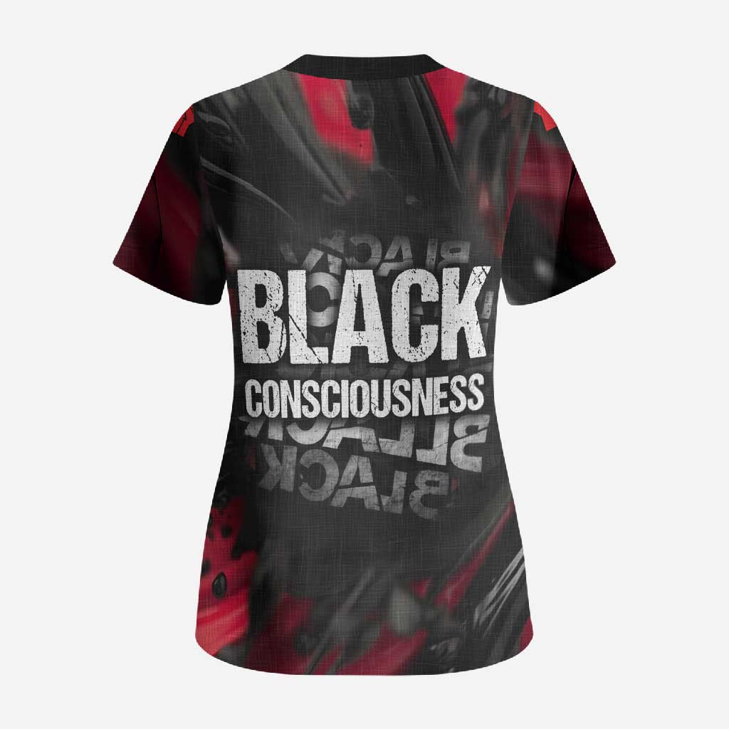Steve Biko Scrub Top with Black Consciousness Portrait, Power Fist Symbol and Red-Black Freedom - Wonder Print Shop