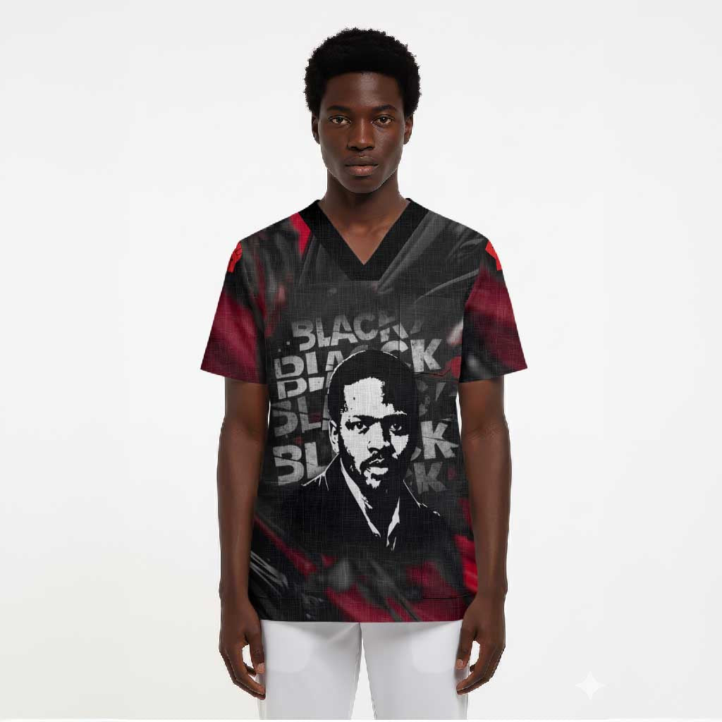 Steve Biko Scrub Top with Black Consciousness Portrait, Power Fist Symbol and Red-Black Freedom - Wonder Print Shop