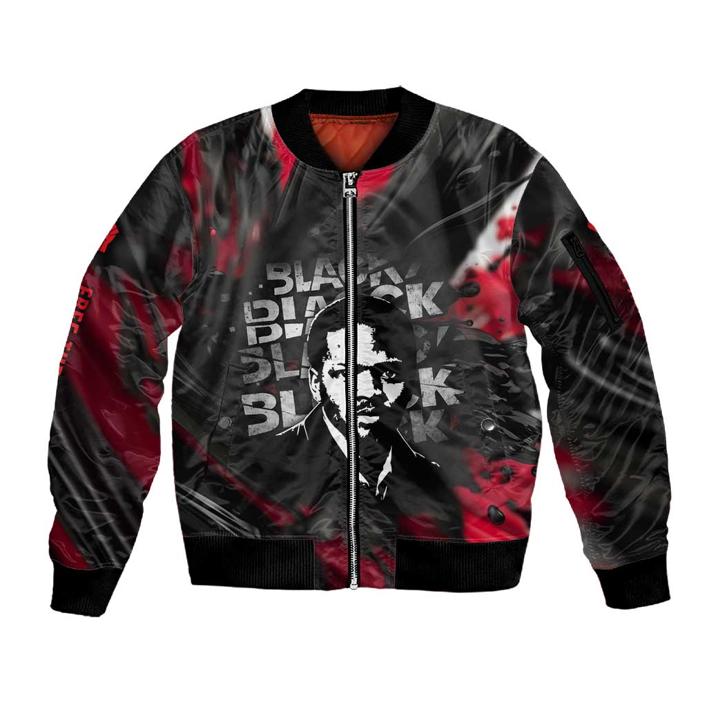 Steve Biko Sleeve Zip Bomber Jacket with Black Consciousness Portrait, Power Fist Symbol and Red-Black Freedom - Wonder Print Shop