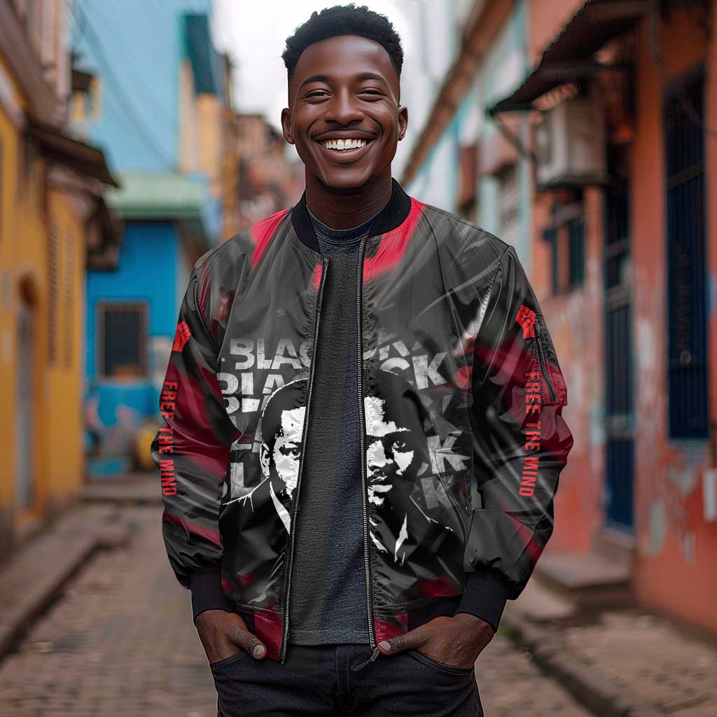 Steve Biko Sleeve Zip Bomber Jacket with Black Consciousness Portrait, Power Fist Symbol and Red-Black Freedom - Wonder Print Shop