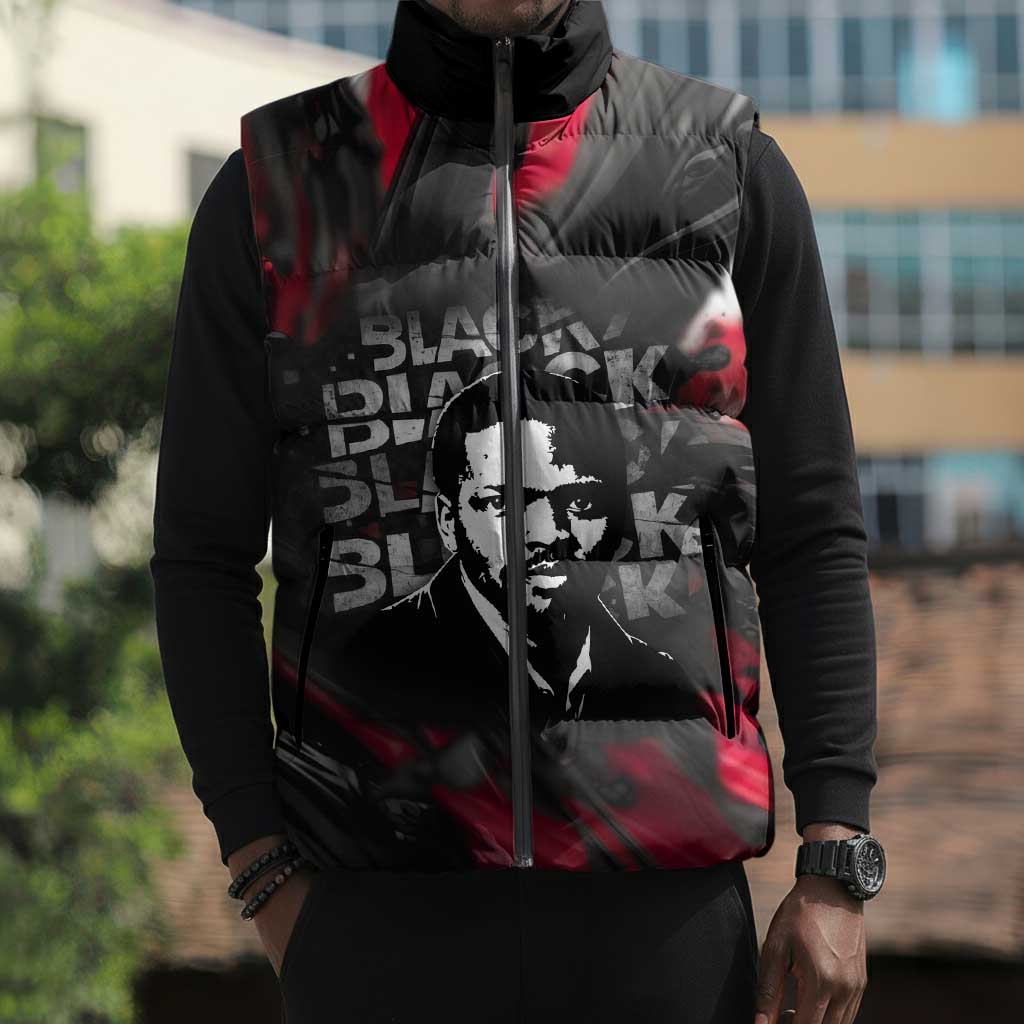 Steve Biko Sleeveless Puffer Jacket with Black Consciousness Portrait, Power Fist Symbol and Red-Black Freedom - Wonder Print Shop