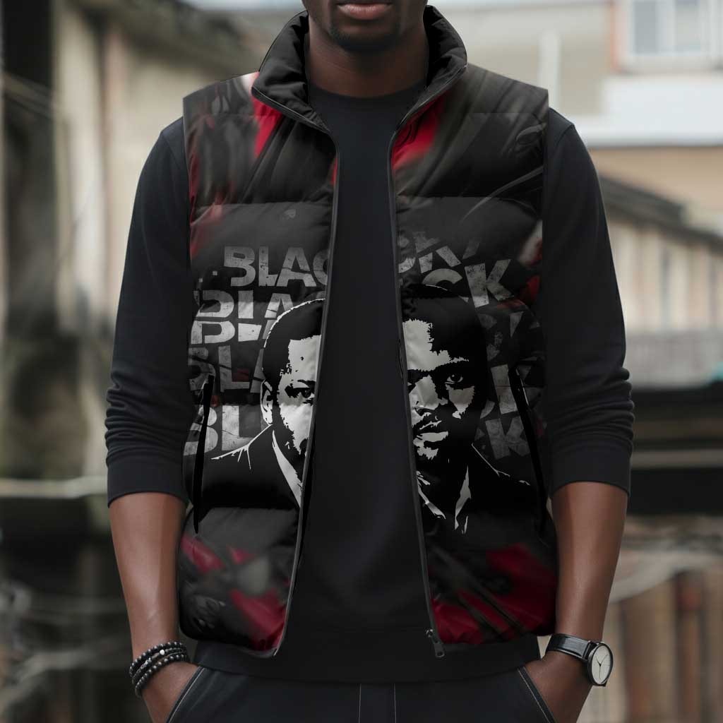 Steve Biko Sleeveless Puffer Jacket with Black Consciousness Portrait, Power Fist Symbol and Red-Black Freedom - Wonder Print Shop