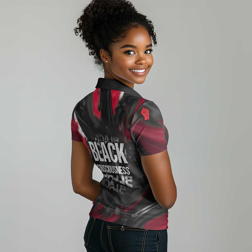Steve Biko Women Polo Shirt with Black Consciousness Portrait, Power Fist Symbol and Red-Black Freedom - Wonder Print Shop