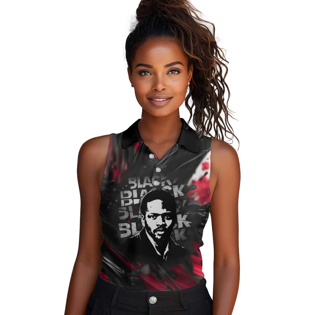 Steve Biko Women Sleeveless Polo Shirt with Black Consciousness Portrait, Power Fist Symbol and Red-Black Freedom - Wonder Print Shop