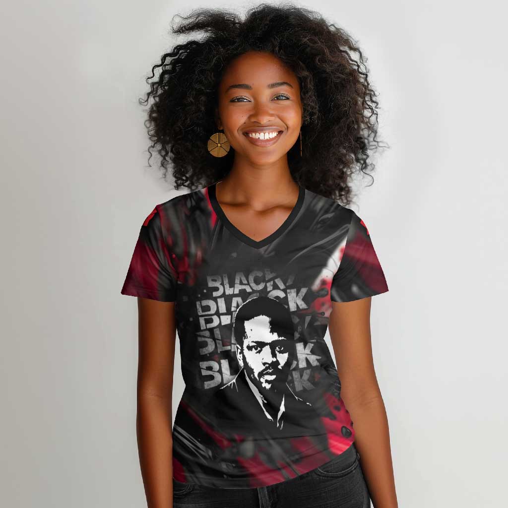 Steve Biko Women V-Neck T-Shirt with Black Consciousness Portrait, Power Fist Symbol and Red-Black Freedom - Wonder Print Shop