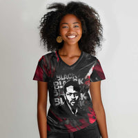Steve Biko Women V-Neck T-Shirt with Black Consciousness Portrait, Power Fist Symbol and Red-Black Freedom - Wonder Print Shop