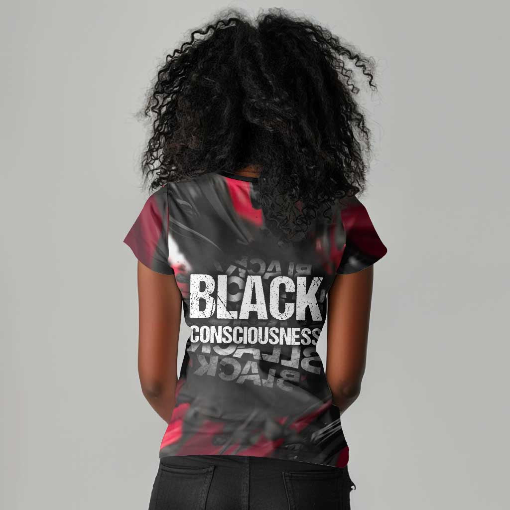 Steve Biko Women V-Neck T-Shirt with Black Consciousness Portrait, Power Fist Symbol and Red-Black Freedom - Wonder Print Shop
