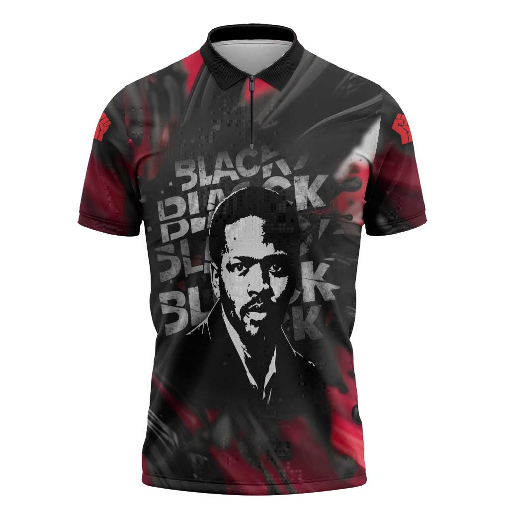 Steve Biko Zipper Polo Shirt with Black Consciousness Portrait, Power Fist Symbol and Red-Black Freedom - Wonder Print Shop