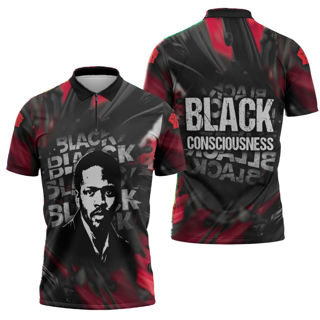 Steve Biko Zipper Polo Shirt with Black Consciousness Portrait, Power Fist Symbol and Red-Black Freedom - Wonder Print Shop