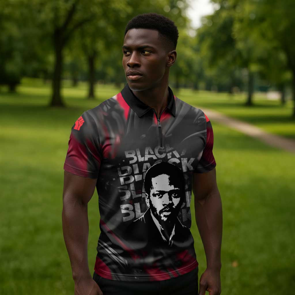Steve Biko Zipper Polo Shirt with Black Consciousness Portrait, Power Fist Symbol and Red-Black Freedom - Wonder Print Shop