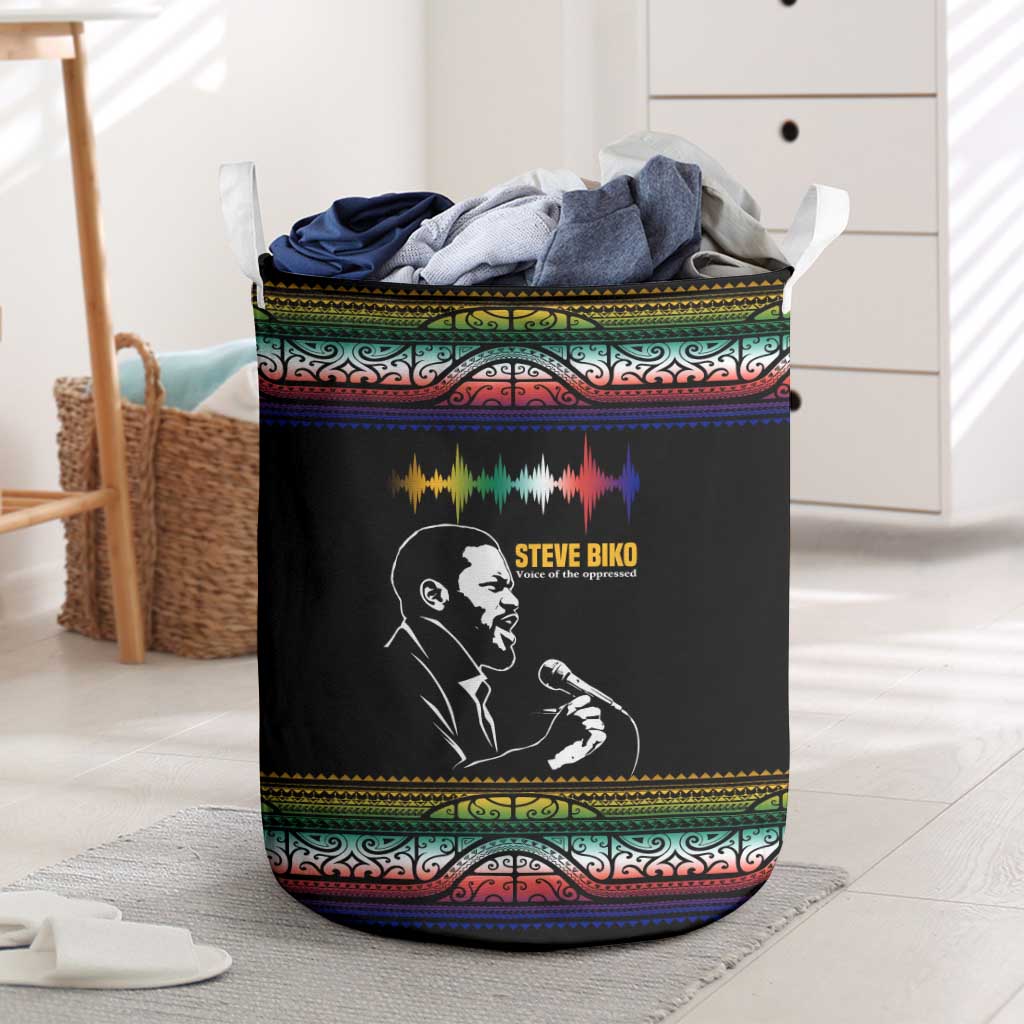 Steve Biko Laundry Basket with Microphone Portrait, Black Consciousness Quote and Vibrant Ethnic Wave - Wonder Print Shop