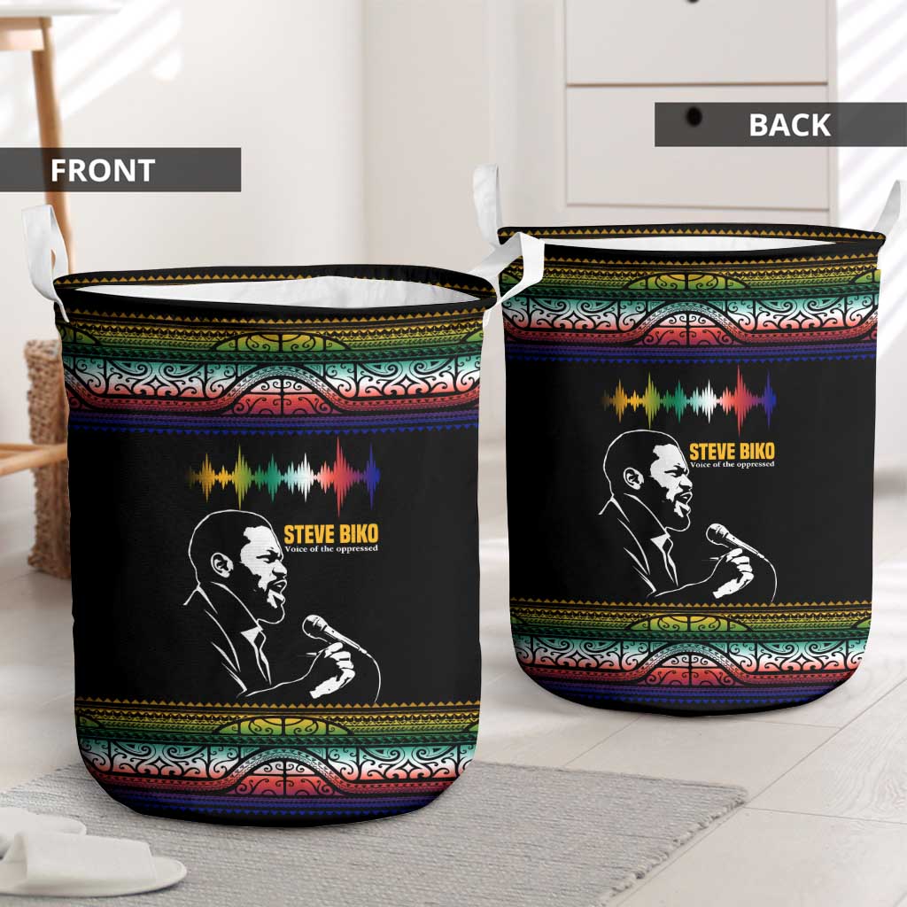 Steve Biko Laundry Basket with Microphone Portrait, Black Consciousness Quote and Vibrant Ethnic Wave - Wonder Print Shop