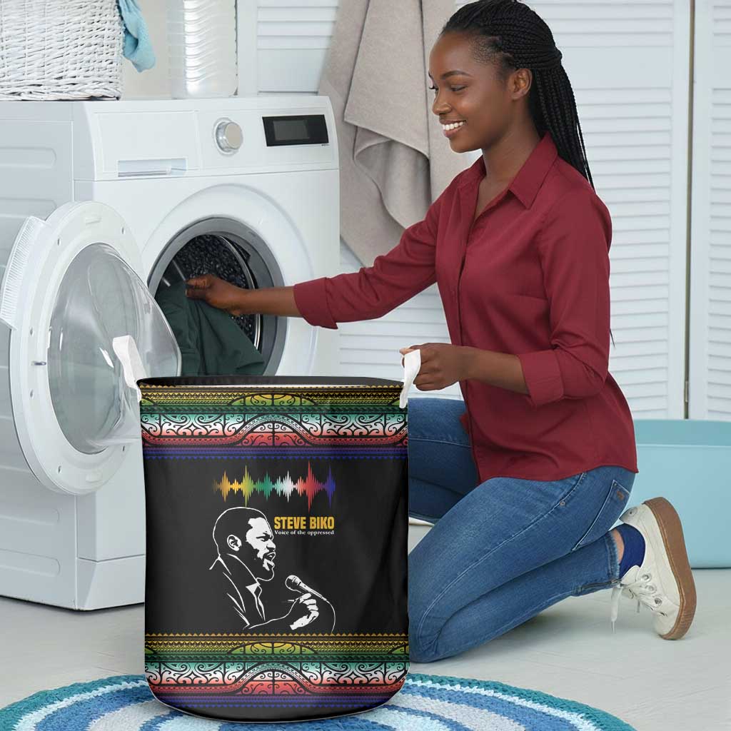 Steve Biko Laundry Basket with Microphone Portrait, Black Consciousness Quote and Vibrant Ethnic Wave - Wonder Print Shop