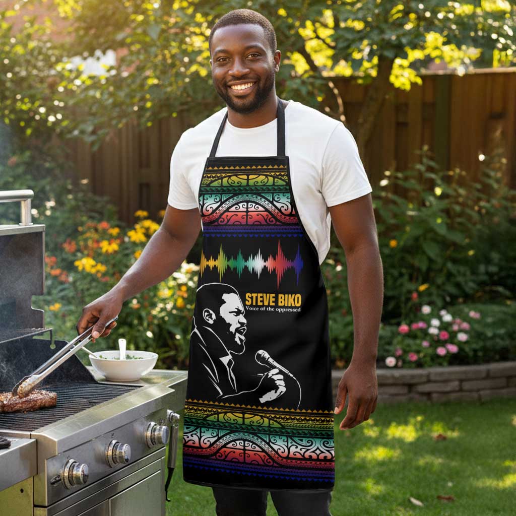 Steve Biko Apron with Microphone Portrait, Black Consciousness Quote and Vibrant Ethnic Wave - Wonder Print Shop