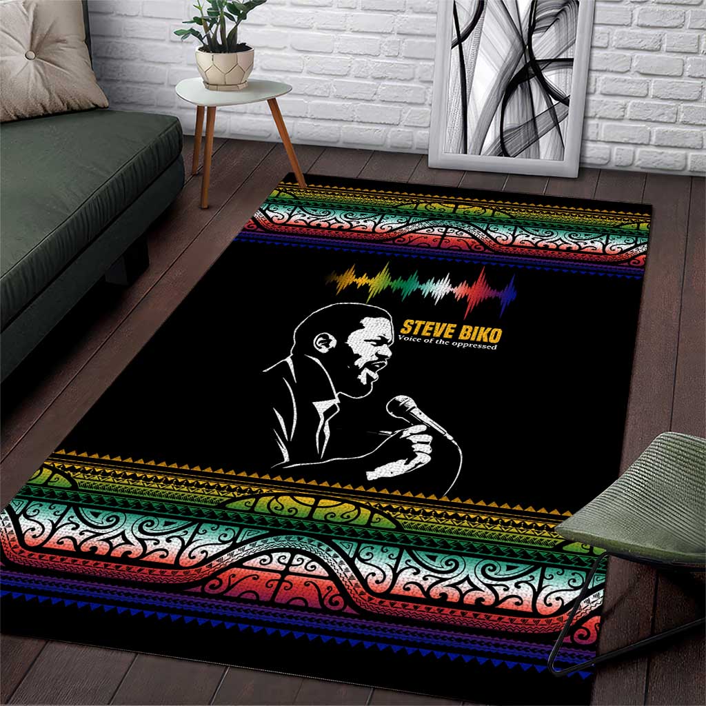 Steve Biko Area Rug with Microphone Portrait, Black Consciousness Quote and Vibrant Ethnic Wave - Wonder Print Shop