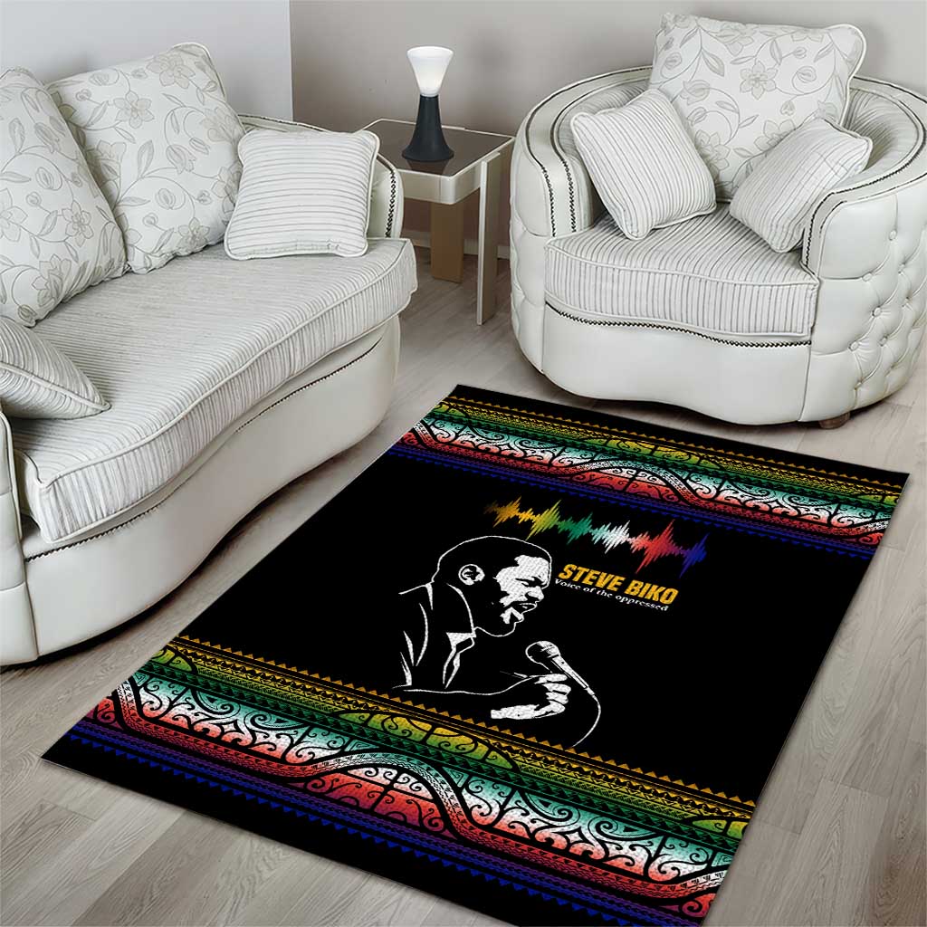 Steve Biko Area Rug with Microphone Portrait, Black Consciousness Quote and Vibrant Ethnic Wave - Wonder Print Shop