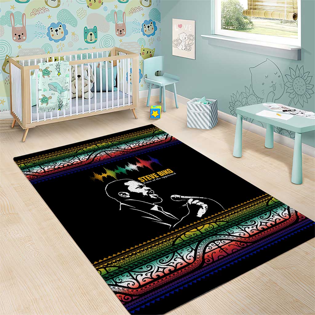 Steve Biko Area Rug with Microphone Portrait, Black Consciousness Quote and Vibrant Ethnic Wave - Wonder Print Shop