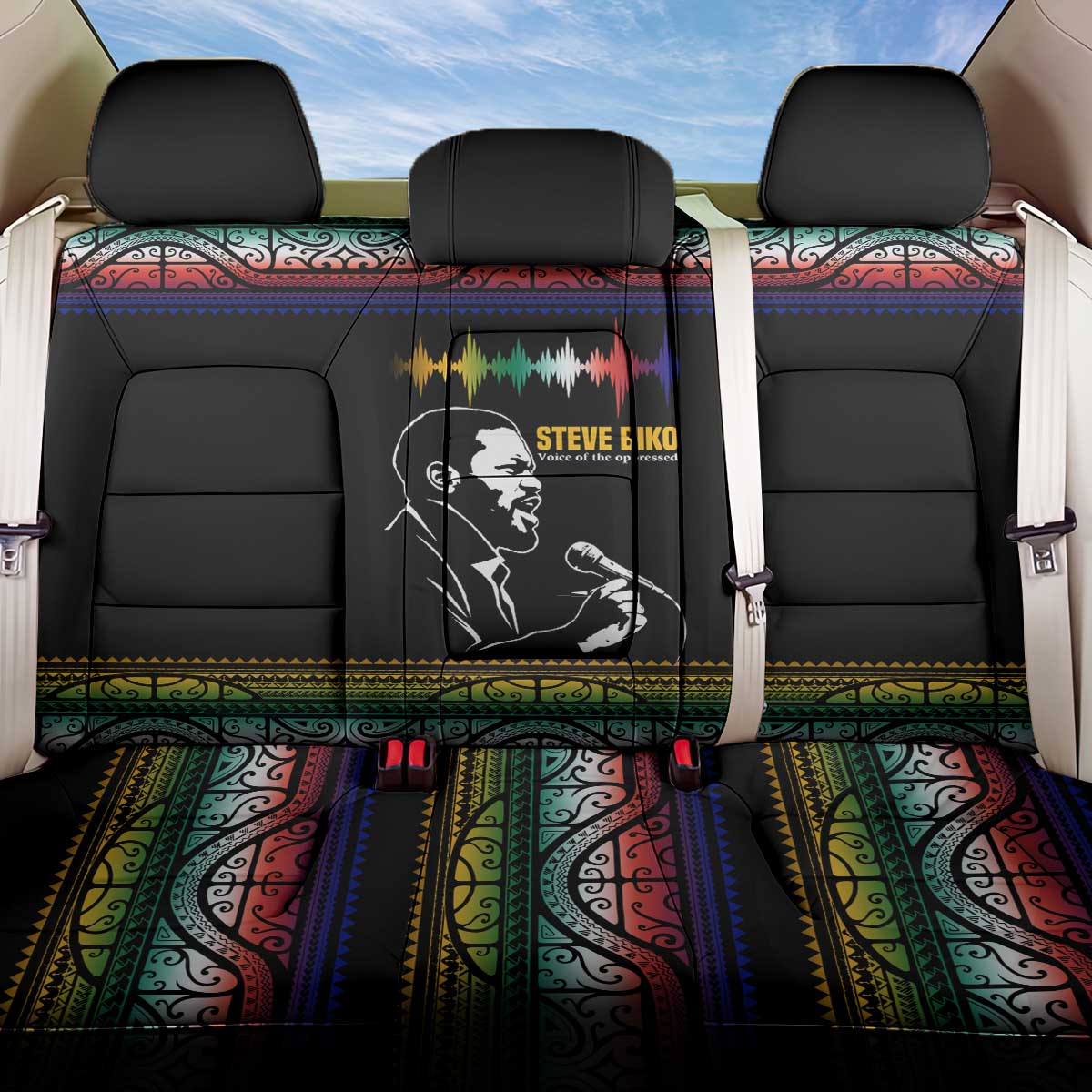 Steve Biko Back Car Seat Cover with Microphone Portrait, Black Consciousness Quote and Vibrant Ethnic Wave - Wonder Print Shop
