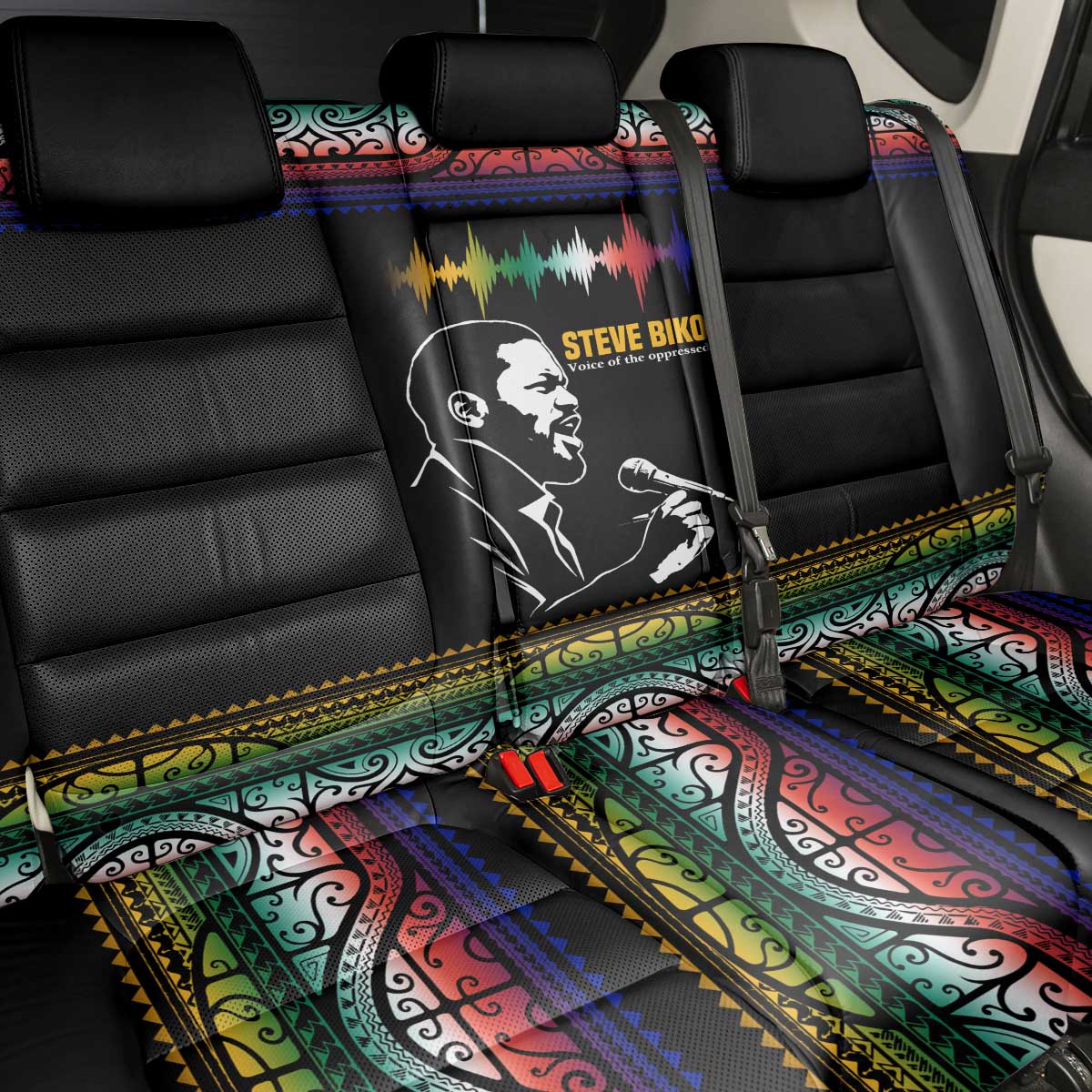 Steve Biko Back Car Seat Cover with Microphone Portrait, Black Consciousness Quote and Vibrant Ethnic Wave - Wonder Print Shop