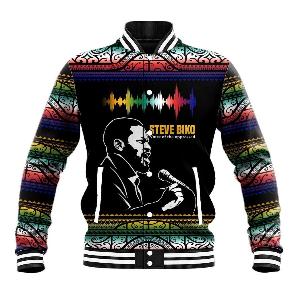 Steve Biko Baseball Jacket with Microphone Portrait, Black Consciousness Quote and Vibrant Ethnic Wave - Wonder Print Shop