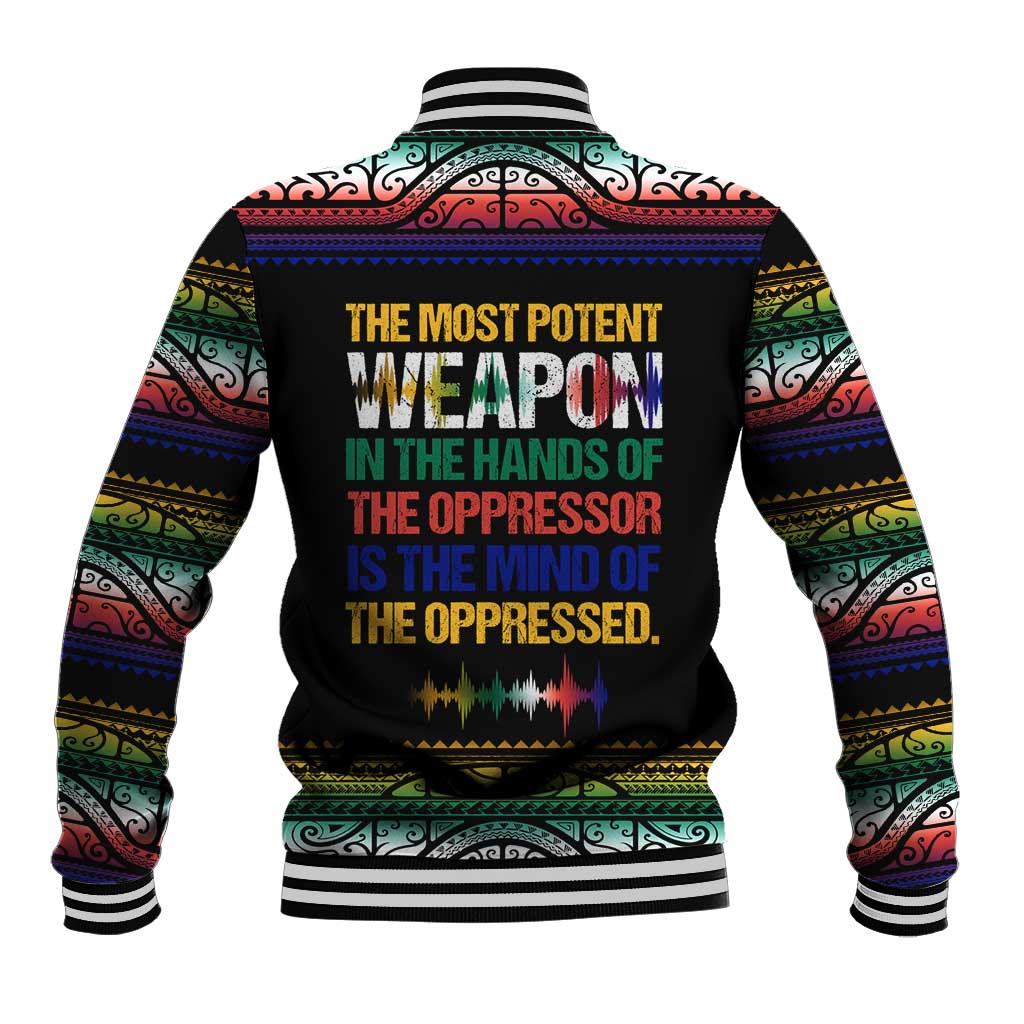 Steve Biko Baseball Jacket with Microphone Portrait, Black Consciousness Quote and Vibrant Ethnic Wave - Wonder Print Shop