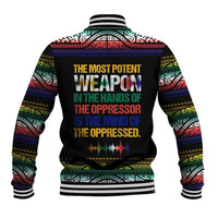 Steve Biko Baseball Jacket with Microphone Portrait, Black Consciousness Quote and Vibrant Ethnic Wave - Wonder Print Shop