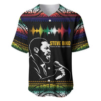 Steve Biko Baseball Jersey with Microphone Portrait, Black Consciousness Quote and Vibrant Ethnic Wave - Wonder Print Shop