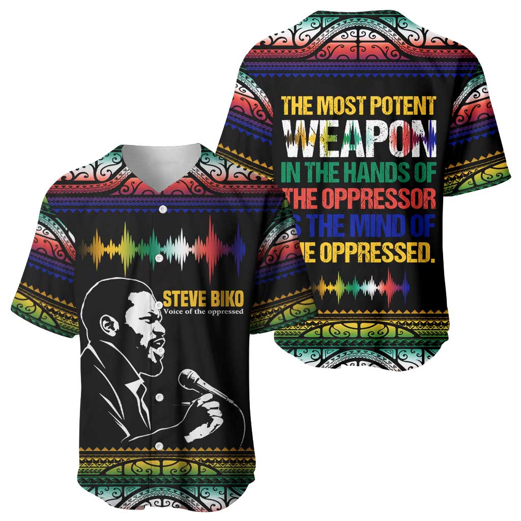 Steve Biko Baseball Jersey with Microphone Portrait, Black Consciousness Quote and Vibrant Ethnic Wave - Wonder Print Shop