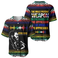 Steve Biko Baseball Jersey with Microphone Portrait, Black Consciousness Quote and Vibrant Ethnic Wave - Wonder Print Shop