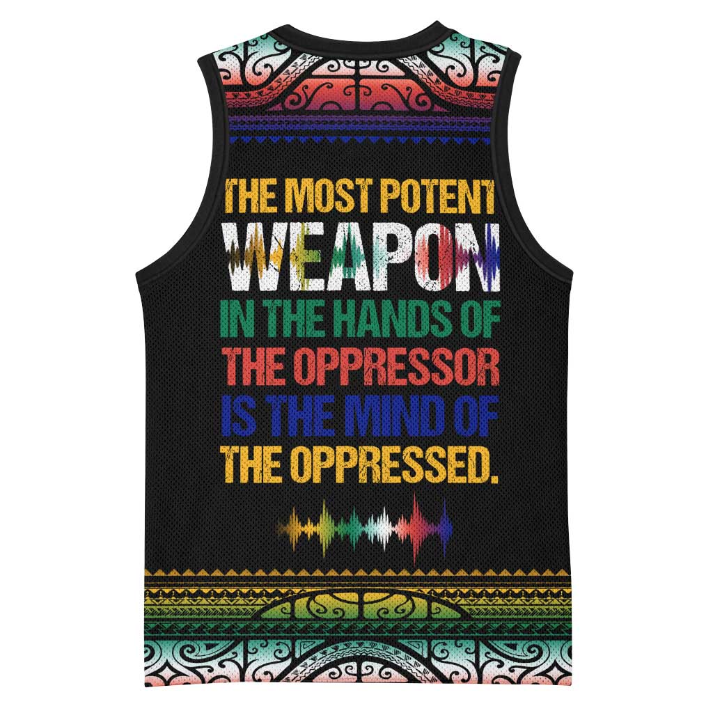 Steve Biko Basketball Jersey with Microphone Portrait, Black Consciousness Quote and Vibrant Ethnic Wave - Wonder Print Shop