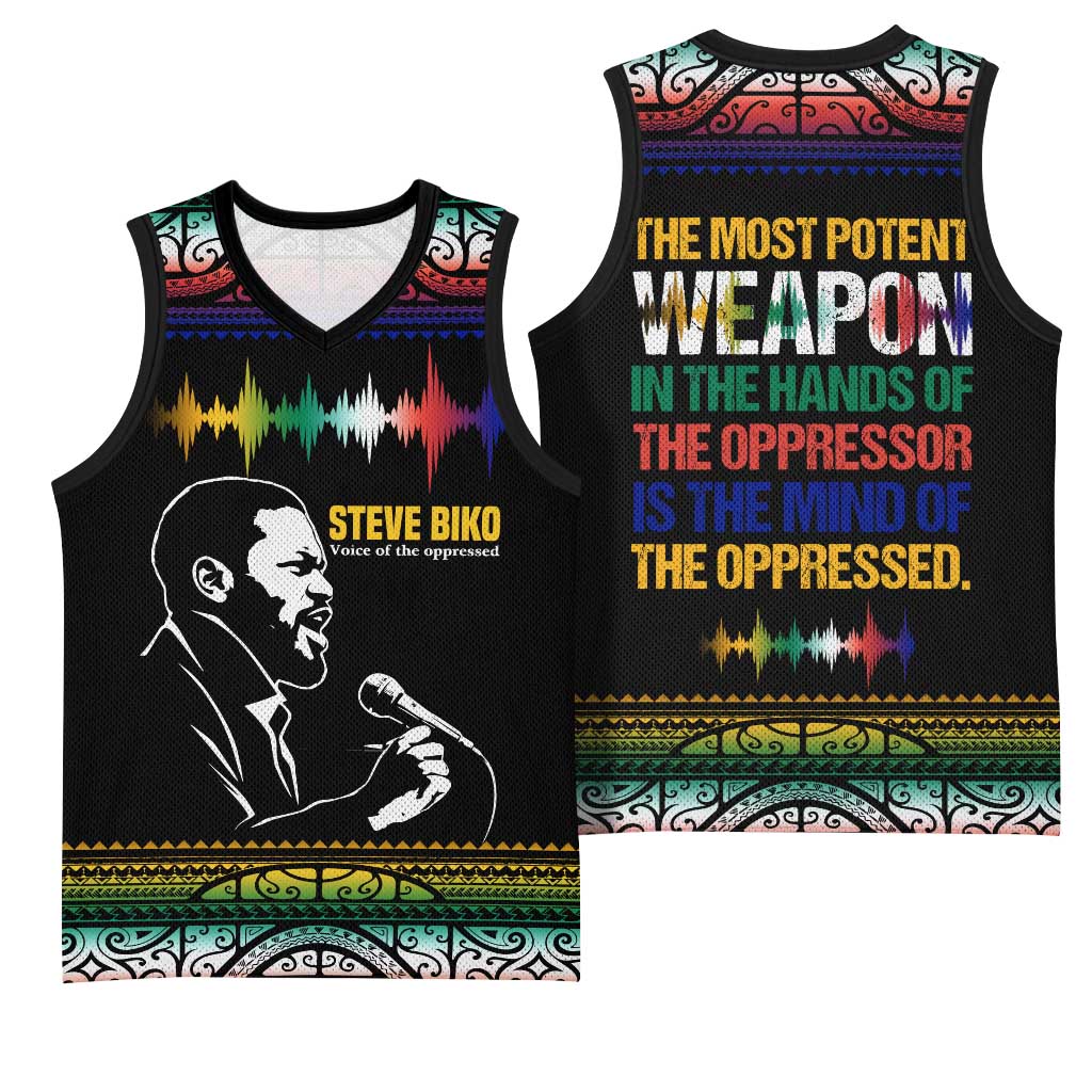 Steve Biko Basketball Jersey with Microphone Portrait, Black Consciousness Quote and Vibrant Ethnic Wave - Wonder Print Shop