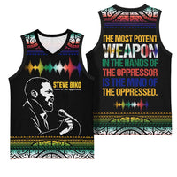 Steve Biko Basketball Jersey with Microphone Portrait, Black Consciousness Quote and Vibrant Ethnic Wave - Wonder Print Shop