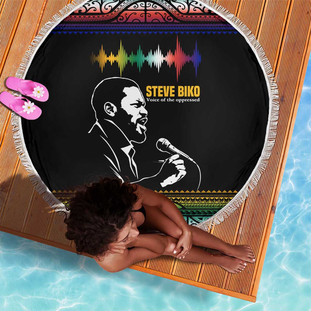 Steve Biko Beach Blanket with Microphone Portrait, Black Consciousness Quote and Vibrant Ethnic Wave - Wonder Print Shop