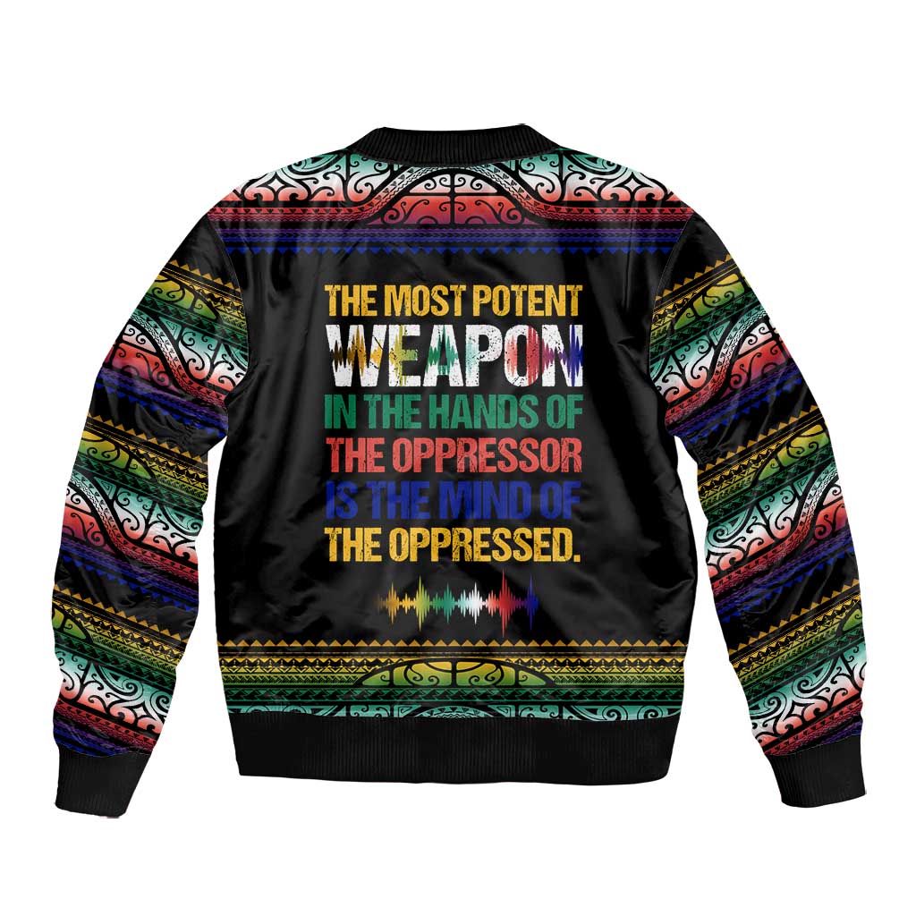 Steve Biko Bomber Jacket with Microphone Portrait, Black Consciousness Quote and Vibrant Ethnic Wave - Wonder Print Shop