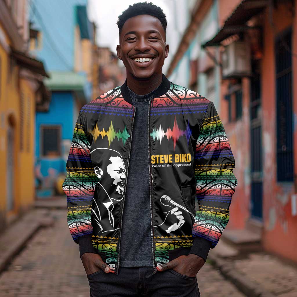 Steve Biko Bomber Jacket with Microphone Portrait, Black Consciousness Quote and Vibrant Ethnic Wave - Wonder Print Shop
