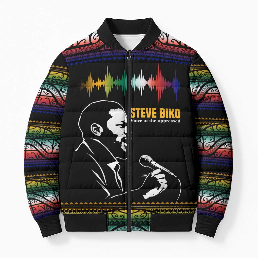 Steve Biko Bomber Puffer Jacket with Microphone Portrait, Black Consciousness Quote and Vibrant Ethnic Wave - Wonder Print Shop