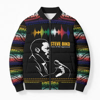 Steve Biko Bomber Puffer Jacket with Microphone Portrait, Black Consciousness Quote and Vibrant Ethnic Wave - Wonder Print Shop