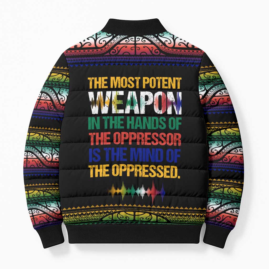 Steve Biko Bomber Puffer Jacket with Microphone Portrait, Black Consciousness Quote and Vibrant Ethnic Wave - Wonder Print Shop