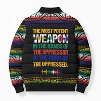 Steve Biko Bomber Puffer Jacket with Microphone Portrait, Black Consciousness Quote and Vibrant Ethnic Wave - Wonder Print Shop