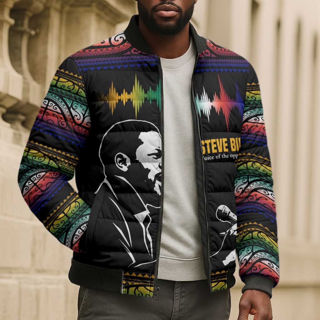 Steve Biko Bomber Puffer Jacket with Microphone Portrait, Black Consciousness Quote and Vibrant Ethnic Wave - Wonder Print Shop