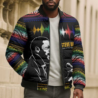 Steve Biko Bomber Puffer Jacket with Microphone Portrait, Black Consciousness Quote and Vibrant Ethnic Wave - Wonder Print Shop