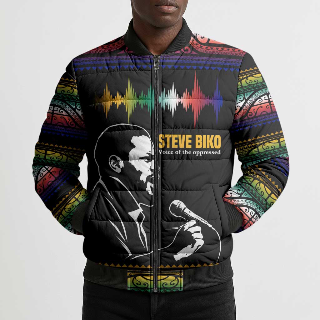 Steve Biko Bomber Puffer Jacket with Microphone Portrait, Black Consciousness Quote and Vibrant Ethnic Wave - Wonder Print Shop