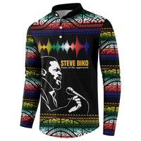Steve Biko Button Sweatshirt with Microphone Portrait, Black Consciousness Quote and Vibrant Ethnic Wave