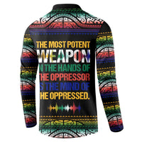Steve Biko Button Sweatshirt with Microphone Portrait, Black Consciousness Quote and Vibrant Ethnic Wave