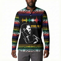 Steve Biko Button Sweatshirt with Microphone Portrait, Black Consciousness Quote and Vibrant Ethnic Wave