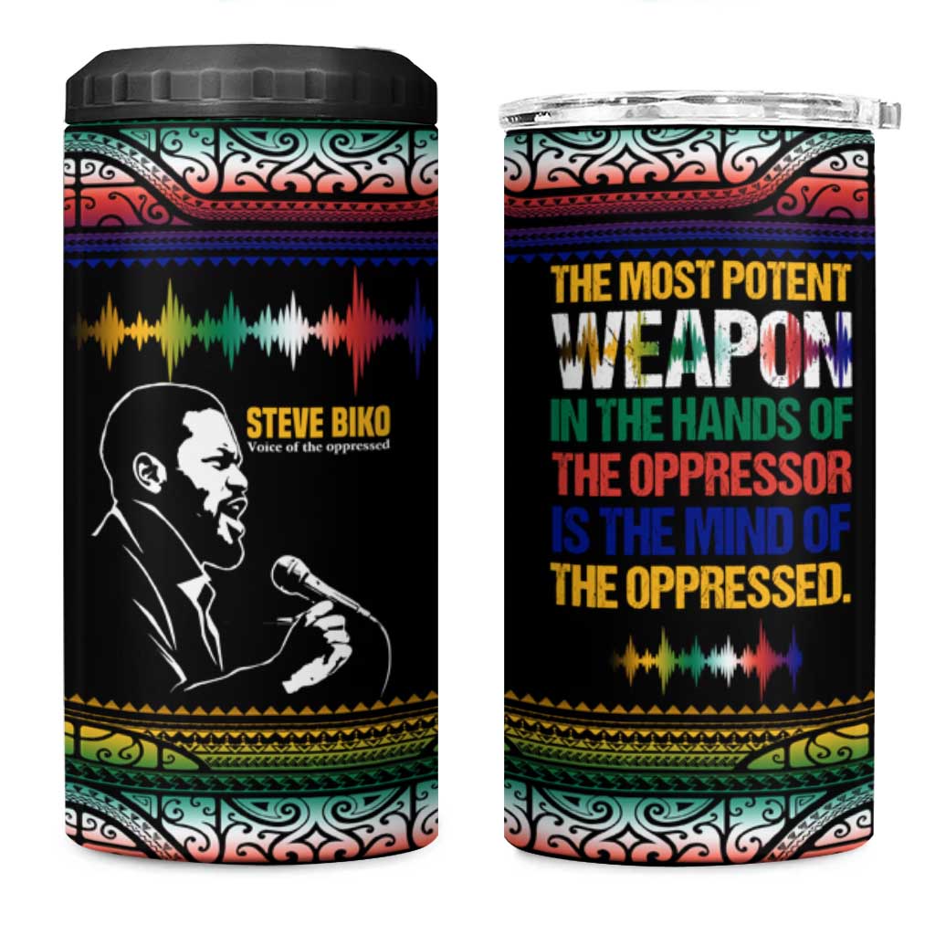 Steve Biko 4 in 1 Can Cooler Tumbler with Microphone Portrait, Black Consciousness Quote and Vibrant Ethnic Wave - Wonder Print Shop