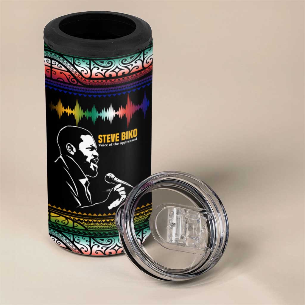 Steve Biko 4 in 1 Can Cooler Tumbler with Microphone Portrait, Black Consciousness Quote and Vibrant Ethnic Wave - Wonder Print Shop