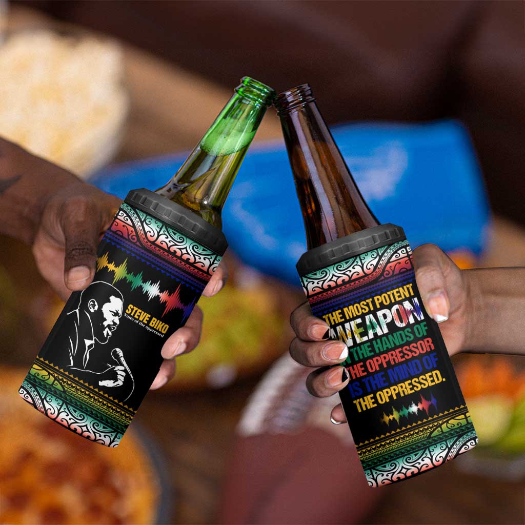 Steve Biko 4 in 1 Can Cooler Tumbler with Microphone Portrait, Black Consciousness Quote and Vibrant Ethnic Wave - Wonder Print Shop