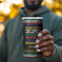 Steve Biko 4 in 1 Can Cooler Tumbler with Microphone Portrait, Black Consciousness Quote and Vibrant Ethnic Wave - Wonder Print Shop